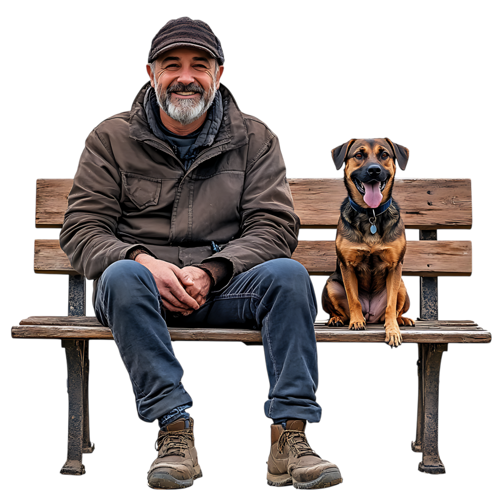 PNG Happy Man and His Dog Posing Together on a Bench Against Transparent Background