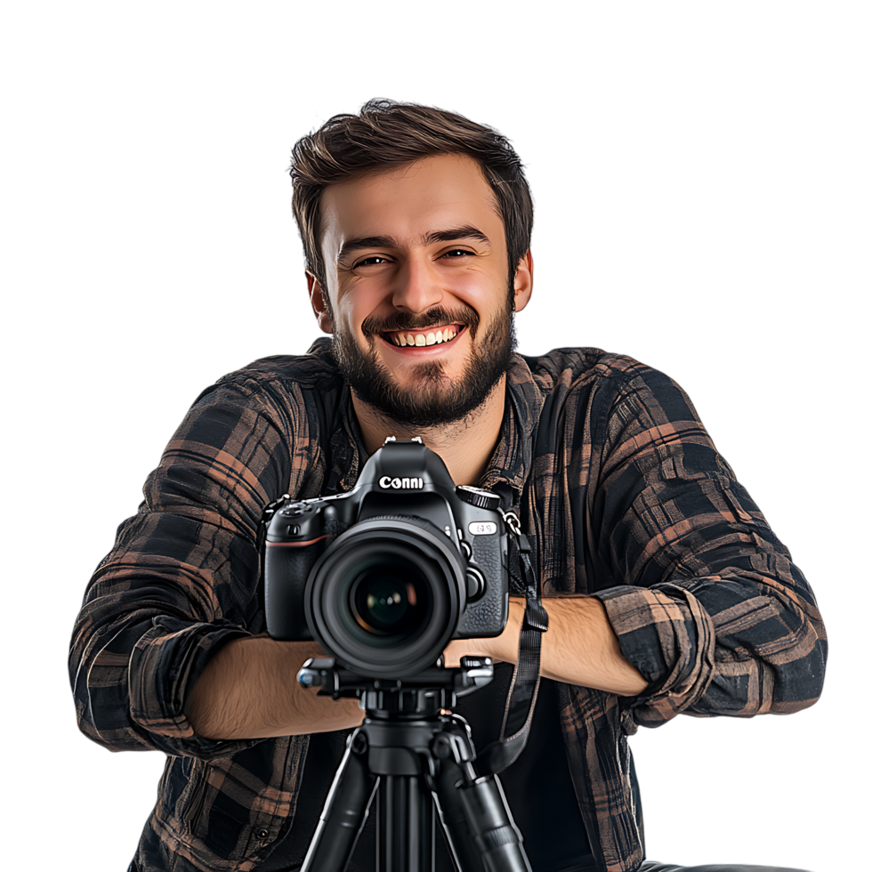 PNG Portrait of a Smiling Photographer with Camera on a Tripod Against Transparent Background
