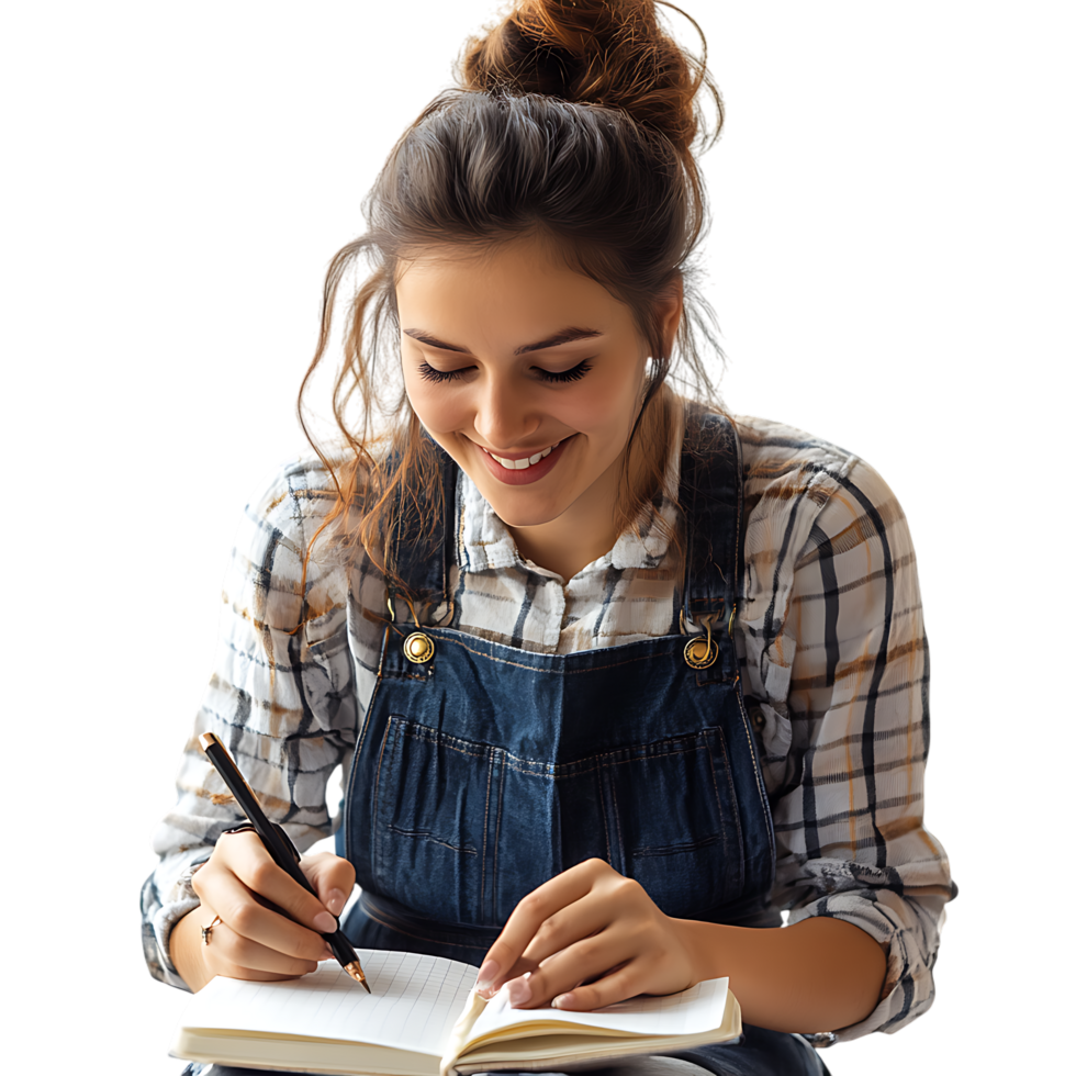 PNG Smiling Woman Writing in Notebook Against Transparent Background