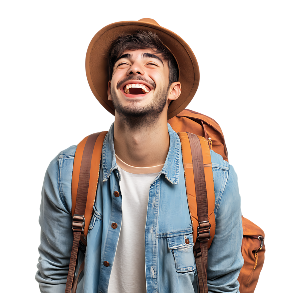 PNG Joyful Young Man with Hat and Backpack Laughing Against Transparent Background
