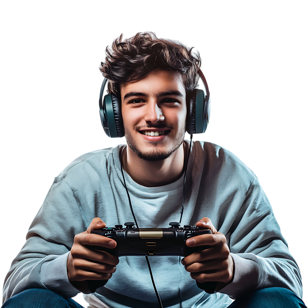 PNG Young Man Enjoying Video Games with Headset Against Transparent Background for Gaming Branding, Streaming Graphics, or Esports Promotions