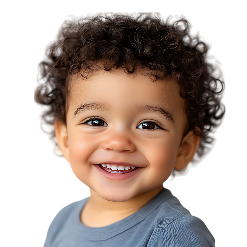 PNG Joyful Toddler Boy Smiling with Cute Curly Hair Against Transparent Background