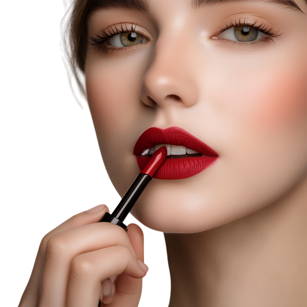 PNG Young Woman Applying Red Lipstick with Precision Against Transparent Background for Beauty Branding, Makeup Promotions, or Cosmetics-Themed Graphics