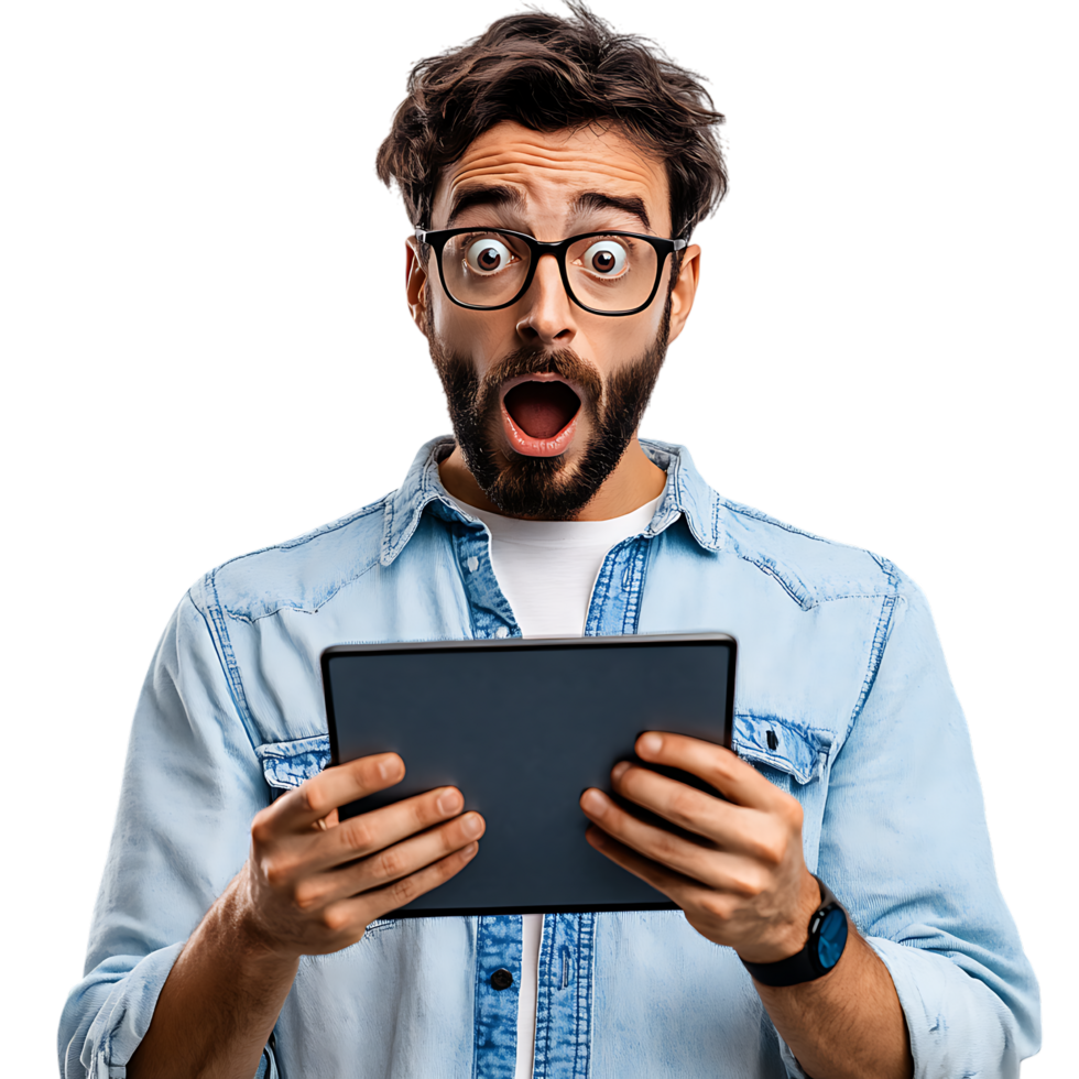 PNG Man Expressing Surprise While Holding a Digital Tablet Against Transparent Background