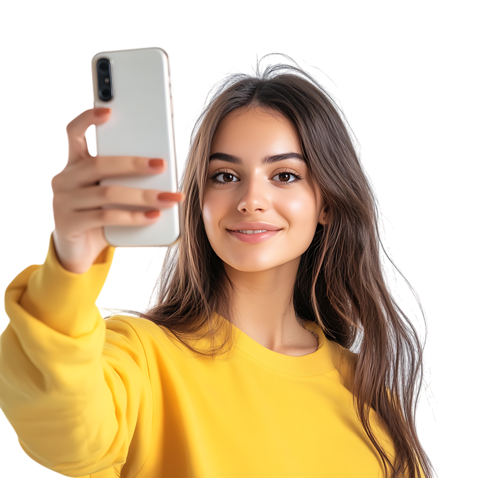 PNG Young Woman Taking a Selfie with a Smartphone Against Transparent Background for Social Media Branding, Influencer Promotions, or Lifestyle Graphics