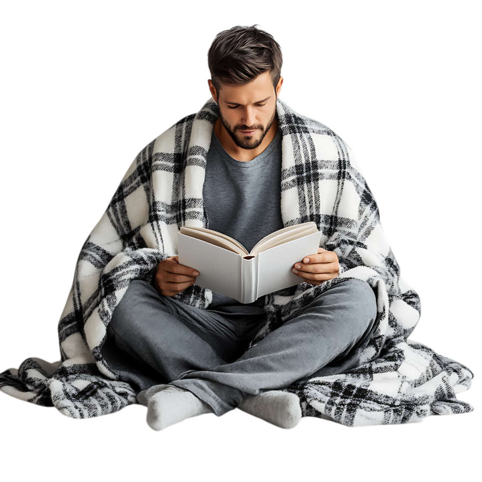 PNG Man Reading a Book with a Cozy Blanket and Cup of Coffee Against Transparent Background