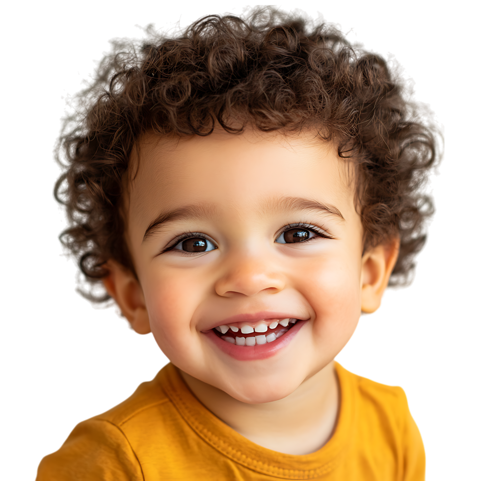 PNG Joyful Toddler Boy Smiling with Cute Curly Hair Against Transparent Background