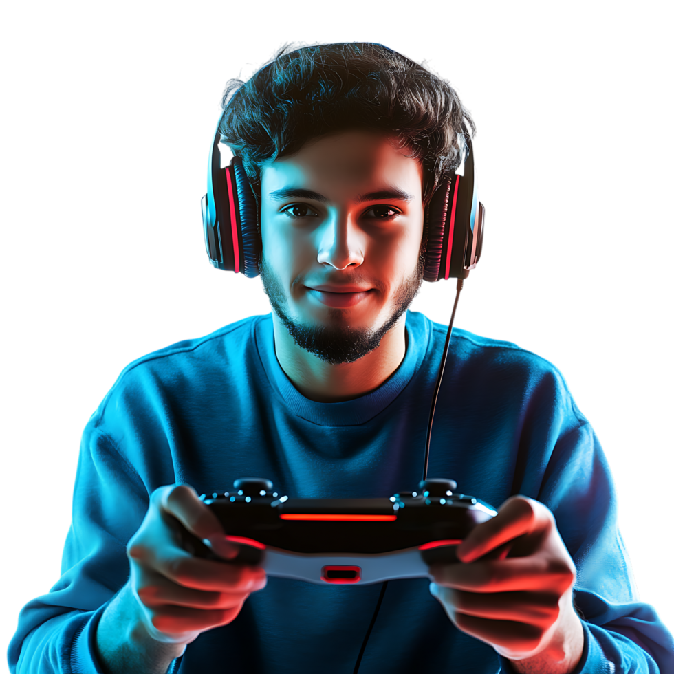 PNG Young Man Enjoying Video Games with Headset Against Transparent Background for Gaming Branding, Streaming Graphics, or Esports Promotions