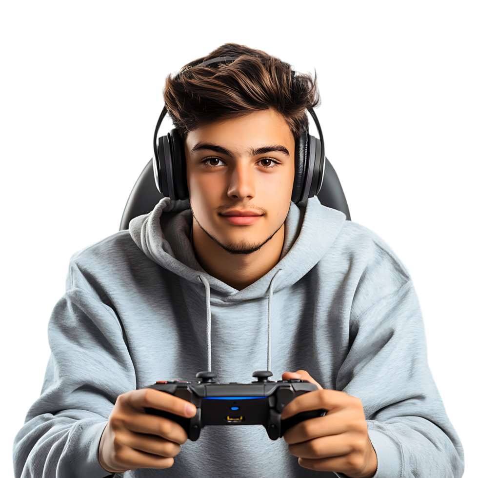 PNG Young Man Enjoying Video Games with Headset Against Transparent Background for Gaming Branding, Streaming Graphics, or Esports Promotions