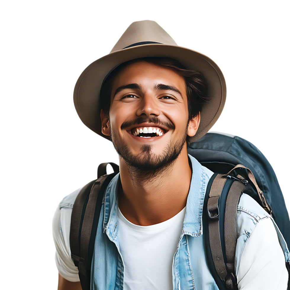 PNG Joyful Young Man with Hat and Backpack Laughing Against Transparent Background