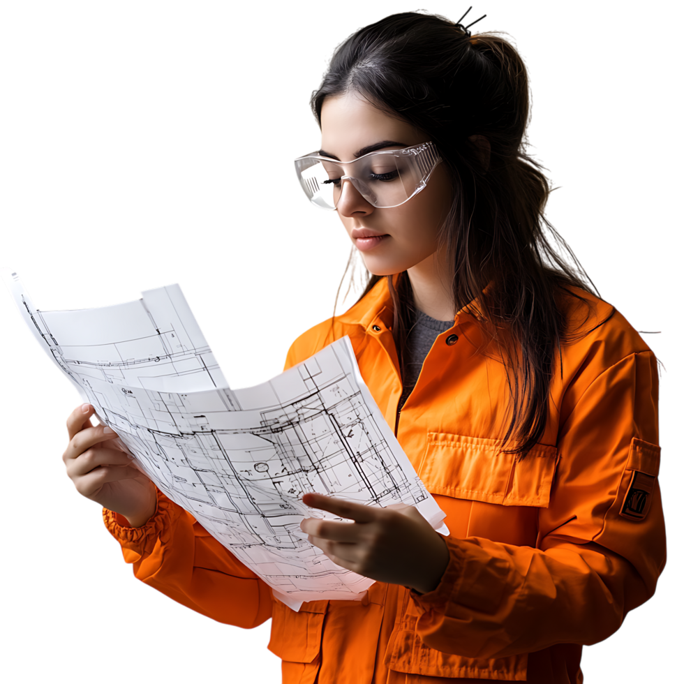 PNG Young Female Engineer Reviewing Blueprints with Focus Against Transparent Background for Architecture Branding, STEM Education, or Construction-Themed Graphics