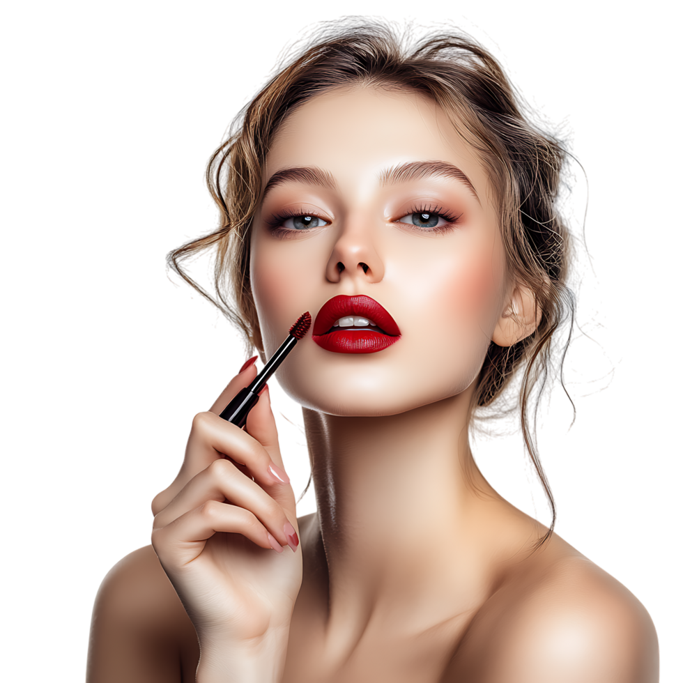 PNG Young Woman Applying Red Lipstick with Precision Against Transparent Background for Beauty Branding, Makeup Promotions, or Cosmetics-Themed Graphics
