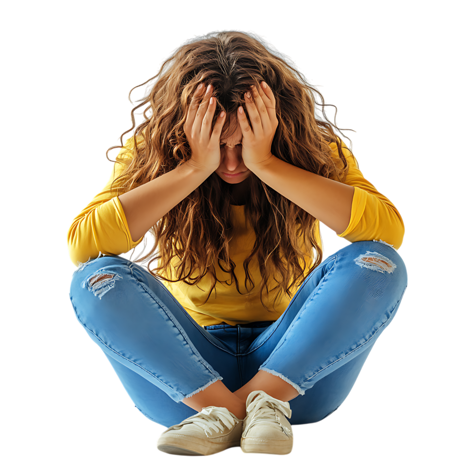 PNG Person Feeling Depressed and Showing Signs of Sadness Against Transparent Background