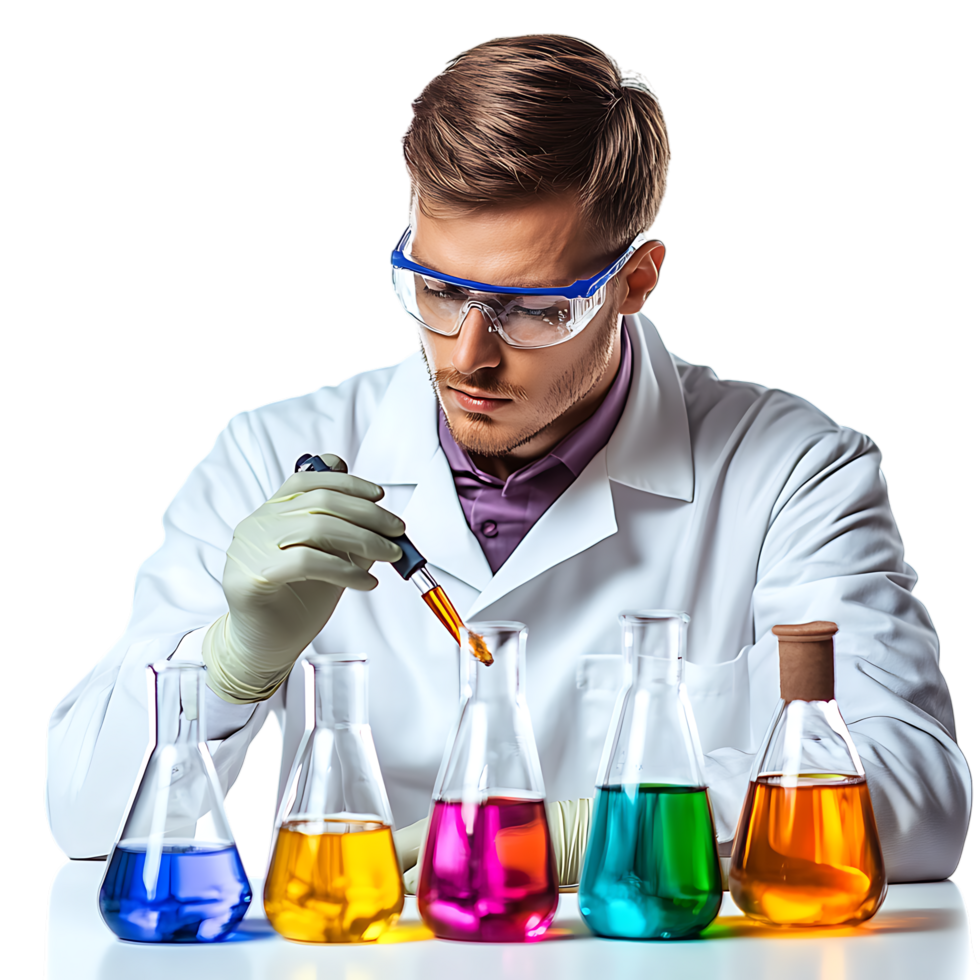 PNG Young Scientist Conducting Experiments with Colorful Liquids Against Transparent Background for STEM Education Branding, Science-Themed Graphics, or Research Promotions