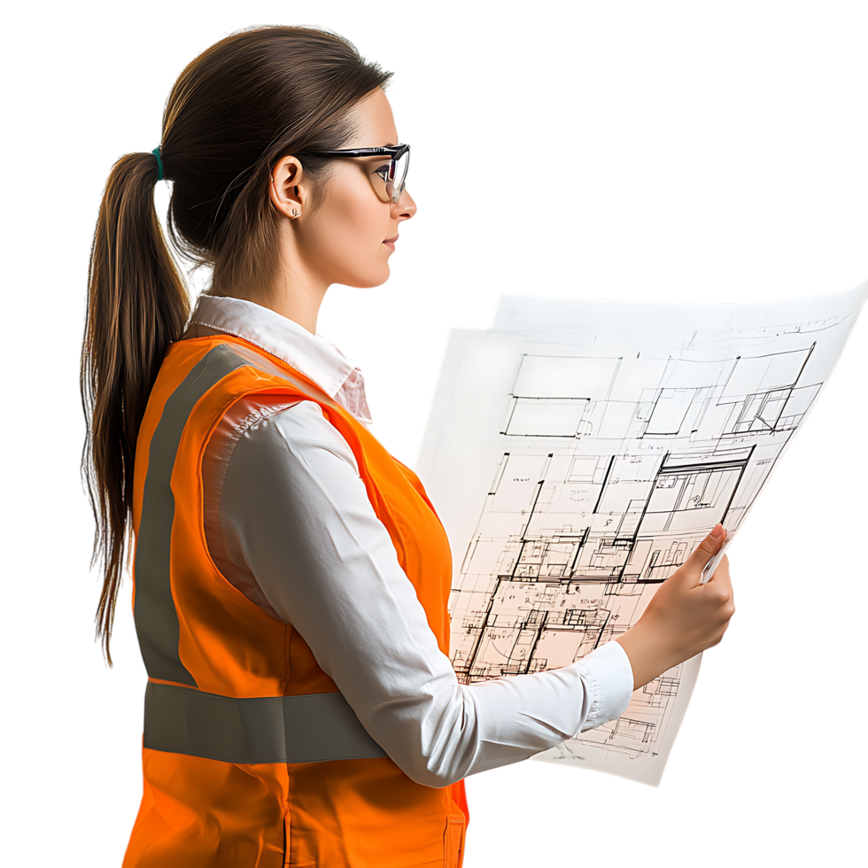 PNG Professional Female Engineer Reviewing Architectural Plans Against Transparent Background