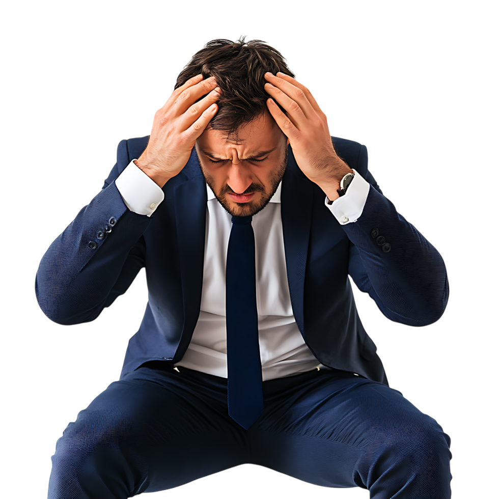 PNG Stressed Businessman with Hands on Head Against Transparent Background