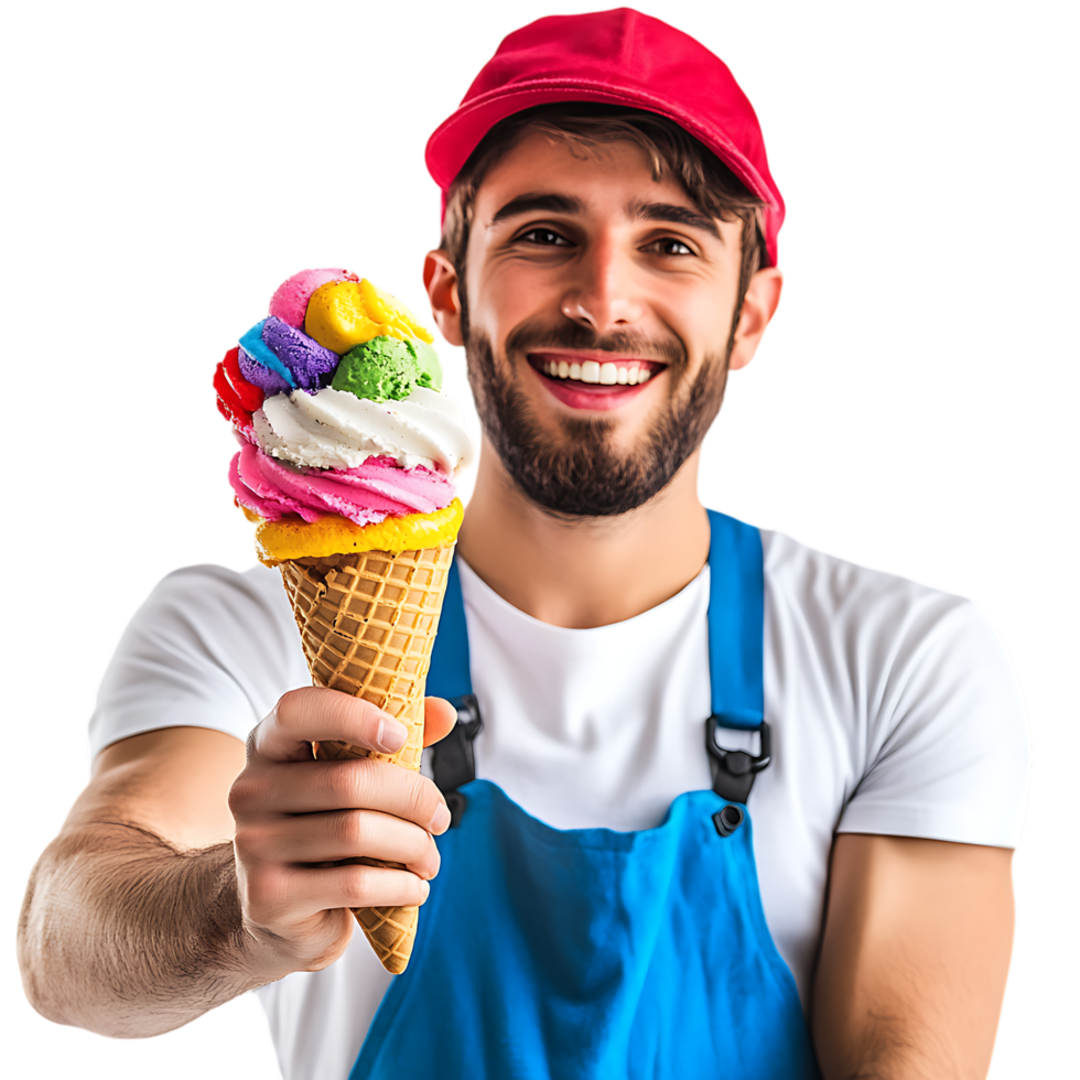 PNG Happy Ice Cream Vendor Holding a Colorful Cone Against Transparent Background