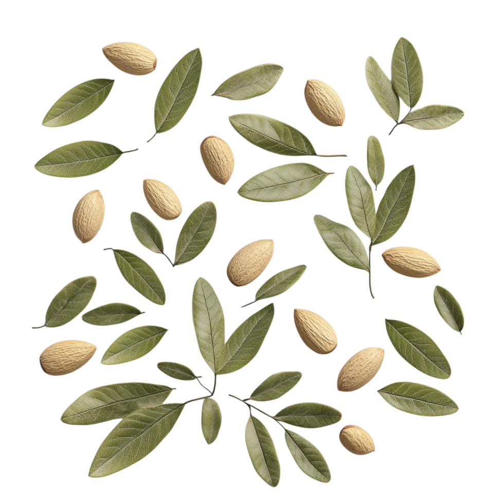 Almond and Leaf Closeup Top View - 3D Rendering png