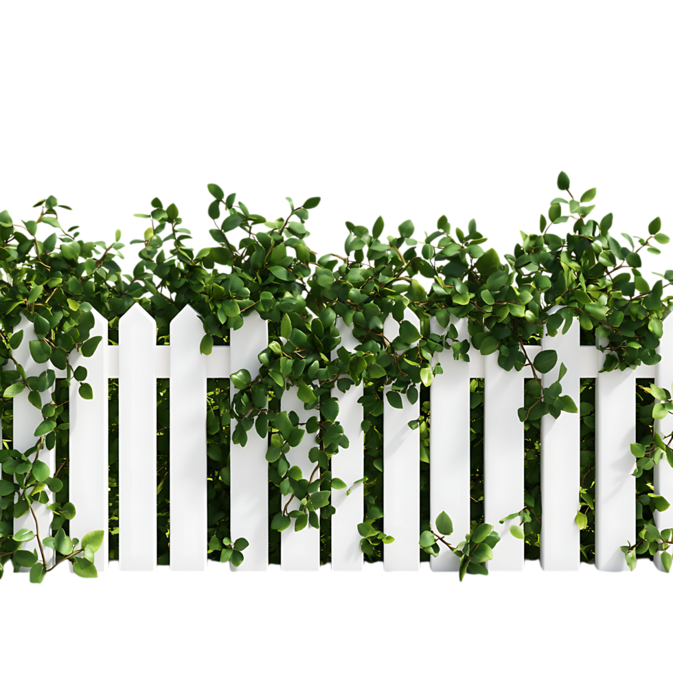 PNG White Picket Fence with Lush Greenery A Perfect Garden Scene Against Transparent Background for Landscaping, Home Decor, or Countryside-Themed Designs