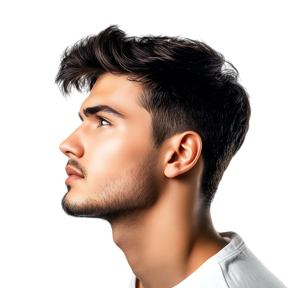 PNG Thoughtful Young Man with Stylish Haircut Against Transparent Background
