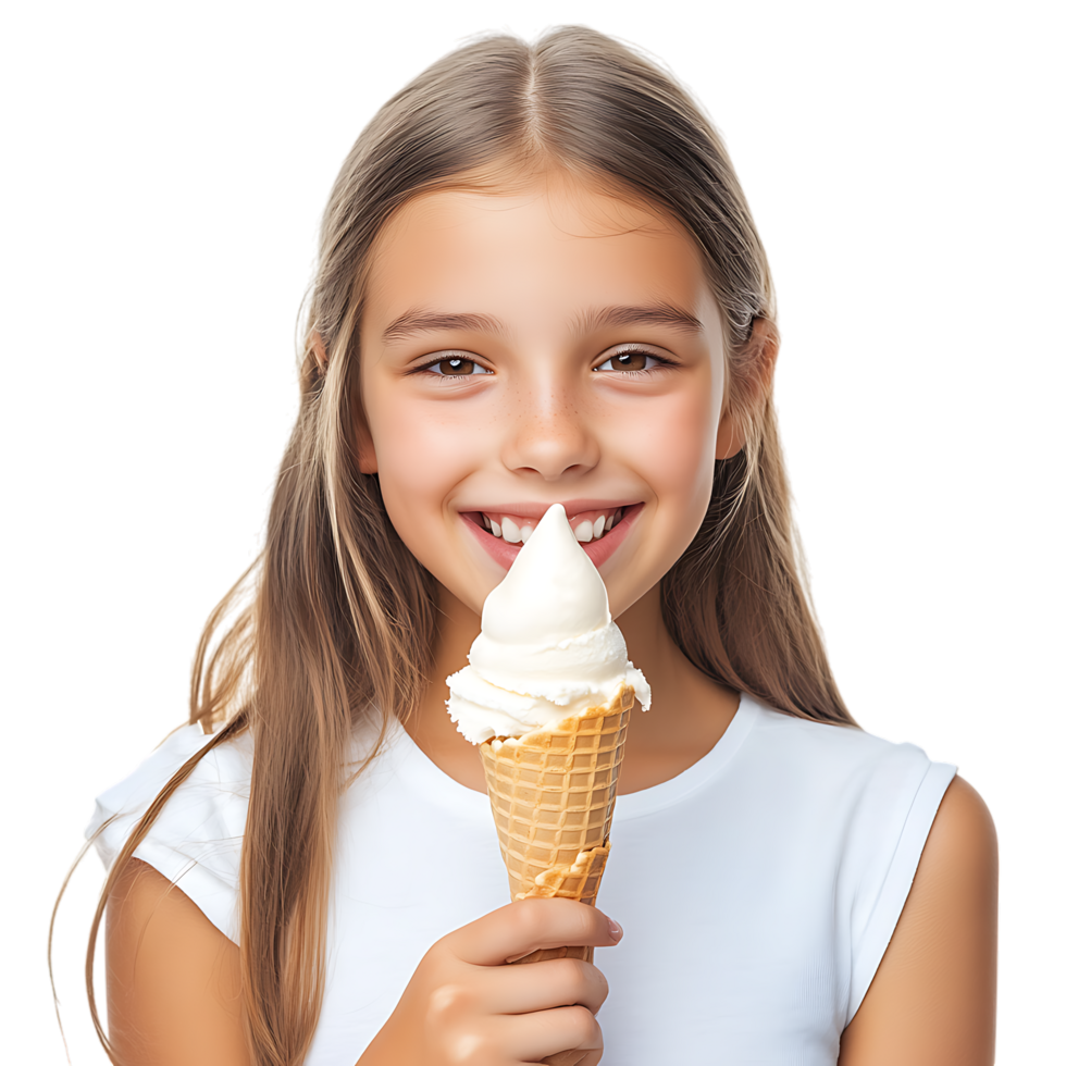 PNG Young Girl Enjoying a Vanilla Ice Cream Cone with a Smile Against Transparent Background for Dessert Branding, Summer Promotions, or Food-Themed Graphics