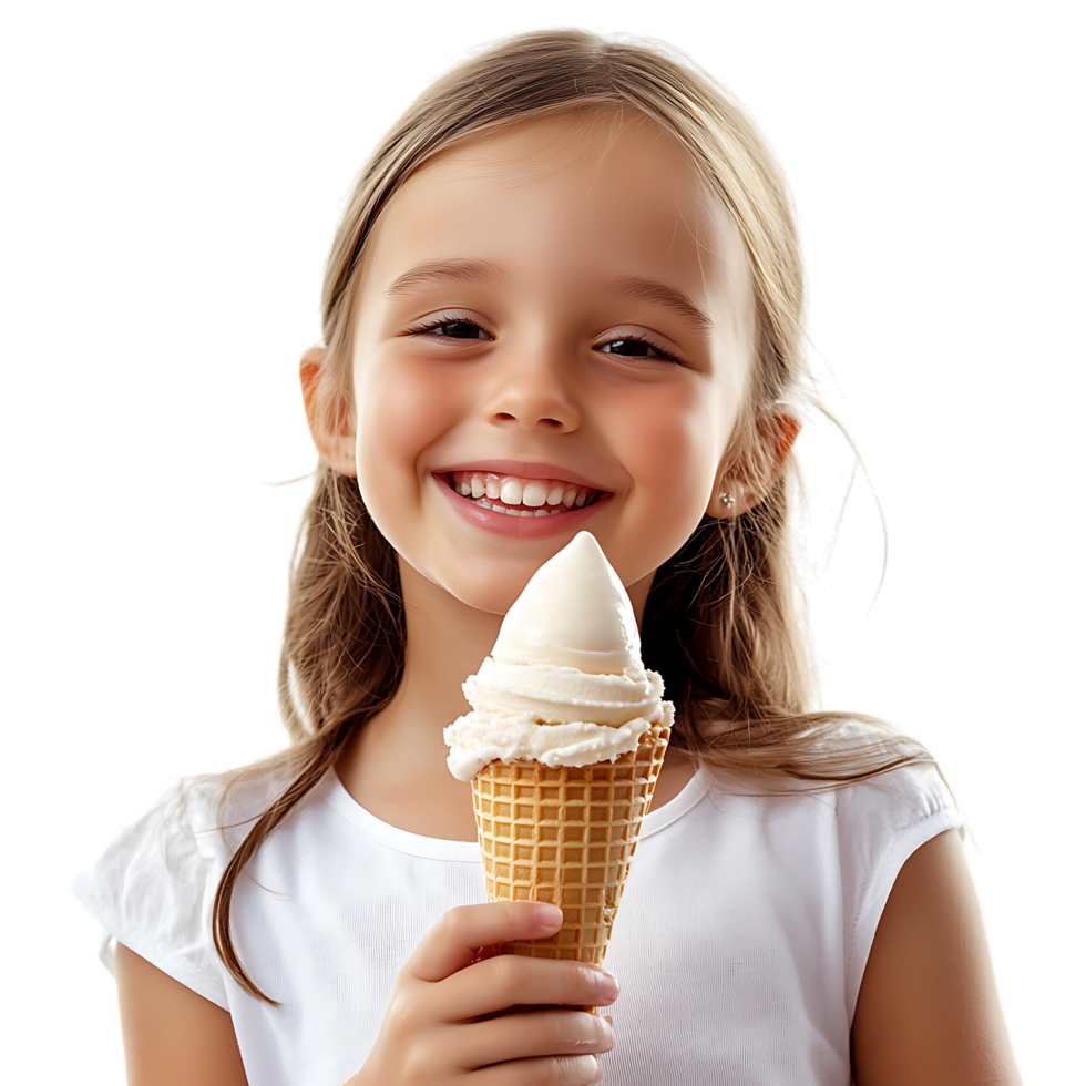 PNG Young Girl Enjoying a Vanilla Ice Cream Cone with a Smile Against Transparent Background for Dessert Branding, Summer Promotions, or Food-Themed Graphics