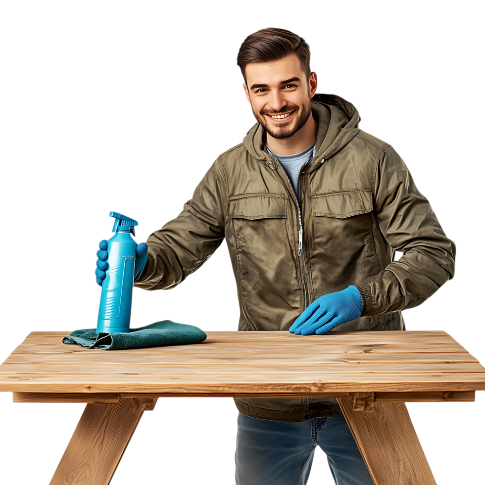 PNG Smiling Man Cleaning Wooden Table with Spray and Cloth Against Transparent Background