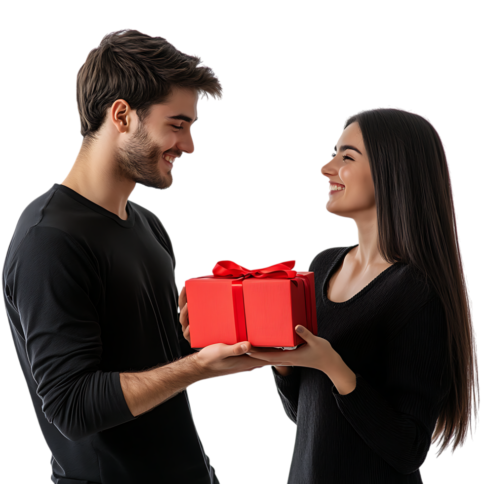 PNG Young Man Giving a Red Gift Box to Woman Both Smiling Against Transparent Background for Celebration Graphics, Holiday-Themed Promotions, or Romantic Designs
