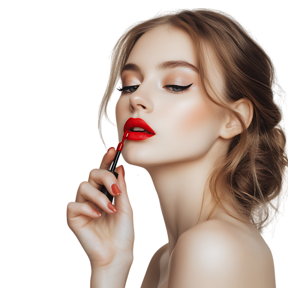 PNG Young Woman Applying Red Lipstick with Precision Against Transparent Background for Beauty Branding, Makeup Promotions, or Cosmetics-Themed Graphics