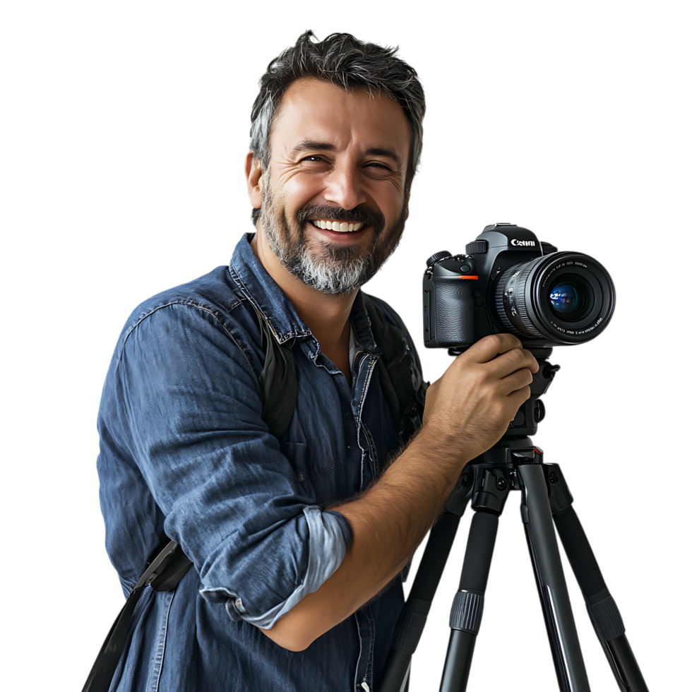PNG Portrait of a Smiling Photographer with Camera on a Tripod Against Transparent Background