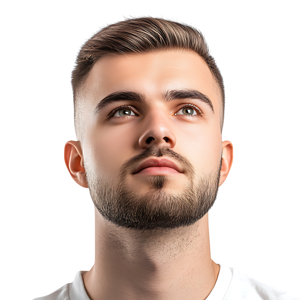PNG Thoughtful Young Man with Stylish Haircut Against Transparent Background