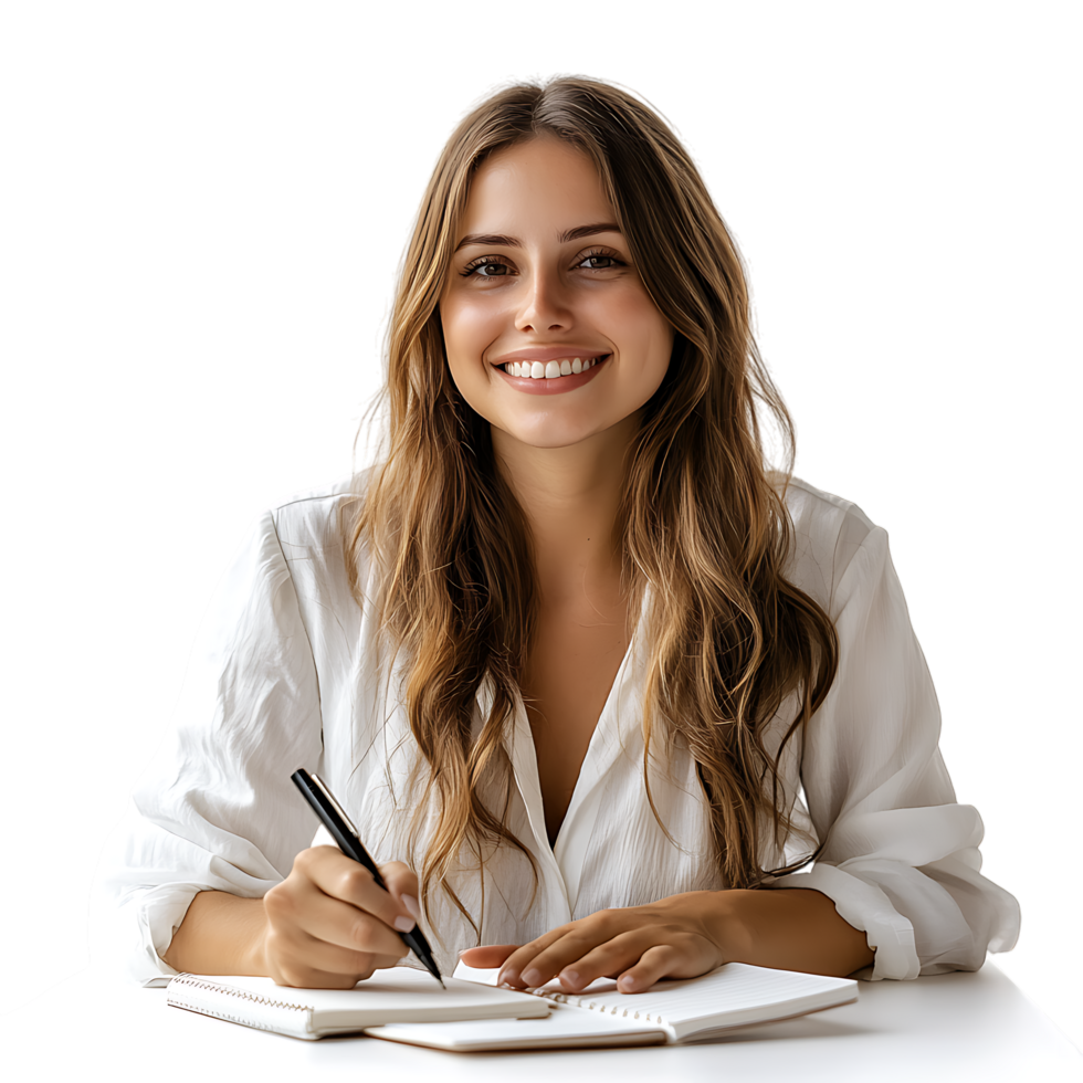 PNG Smiling Woman Writing in Notebook Against Transparent Background