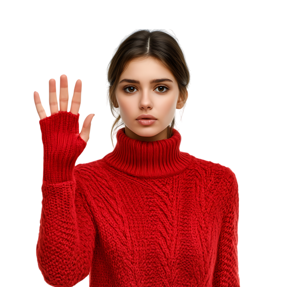 PNG Woman Making Stop Gesture in Red Sweater Against Transparent Background for Warning Signs, Awareness Campaigns, or Communication-Themed Graphics