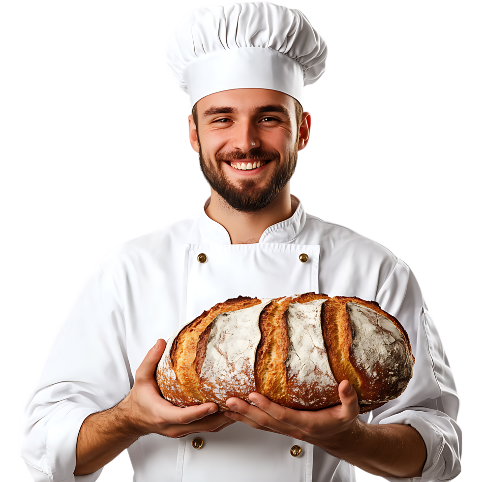 PNG Smiling Chef Holding Freshly Baked Bread Against Transparent Background