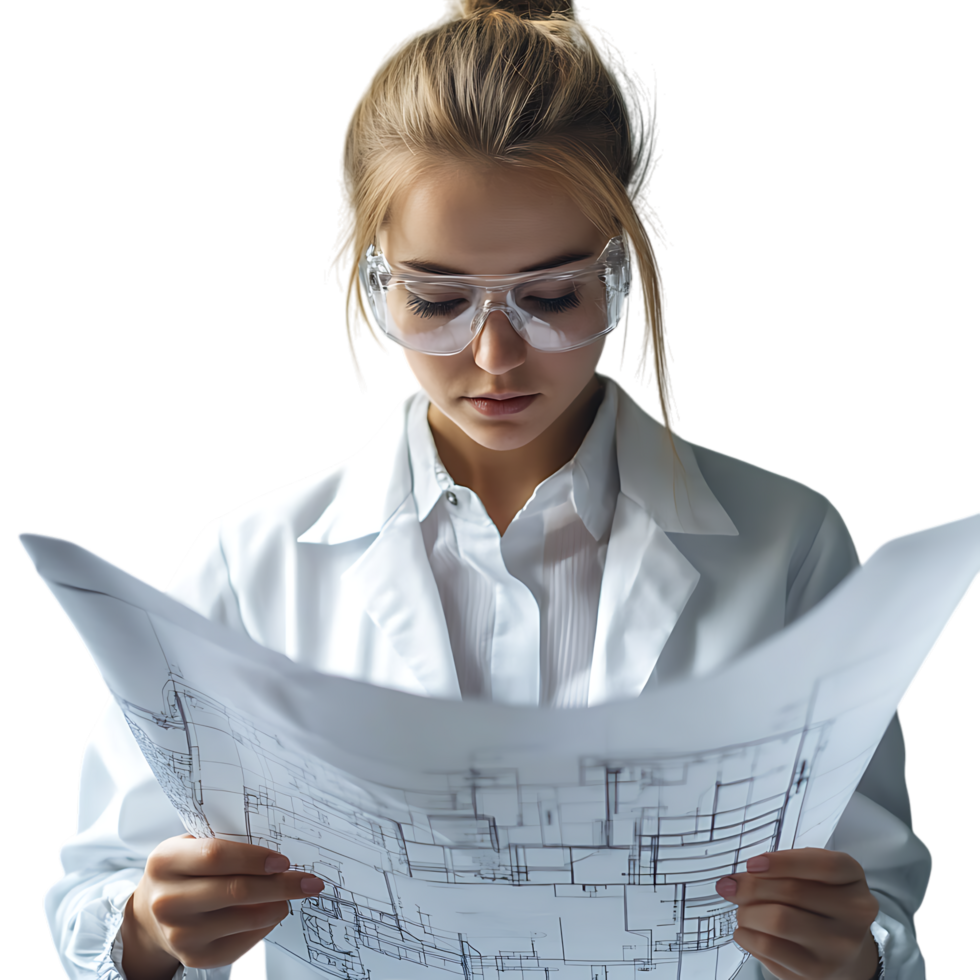 PNG Young Female Engineer Reviewing Blueprints with Focus Against Transparent Background for Architecture Branding, STEM Education, or Construction-Themed Graphics