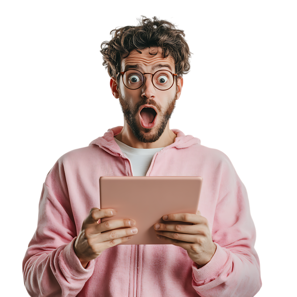 PNG Man Expressing Surprise While Holding a Digital Tablet Against Transparent Background