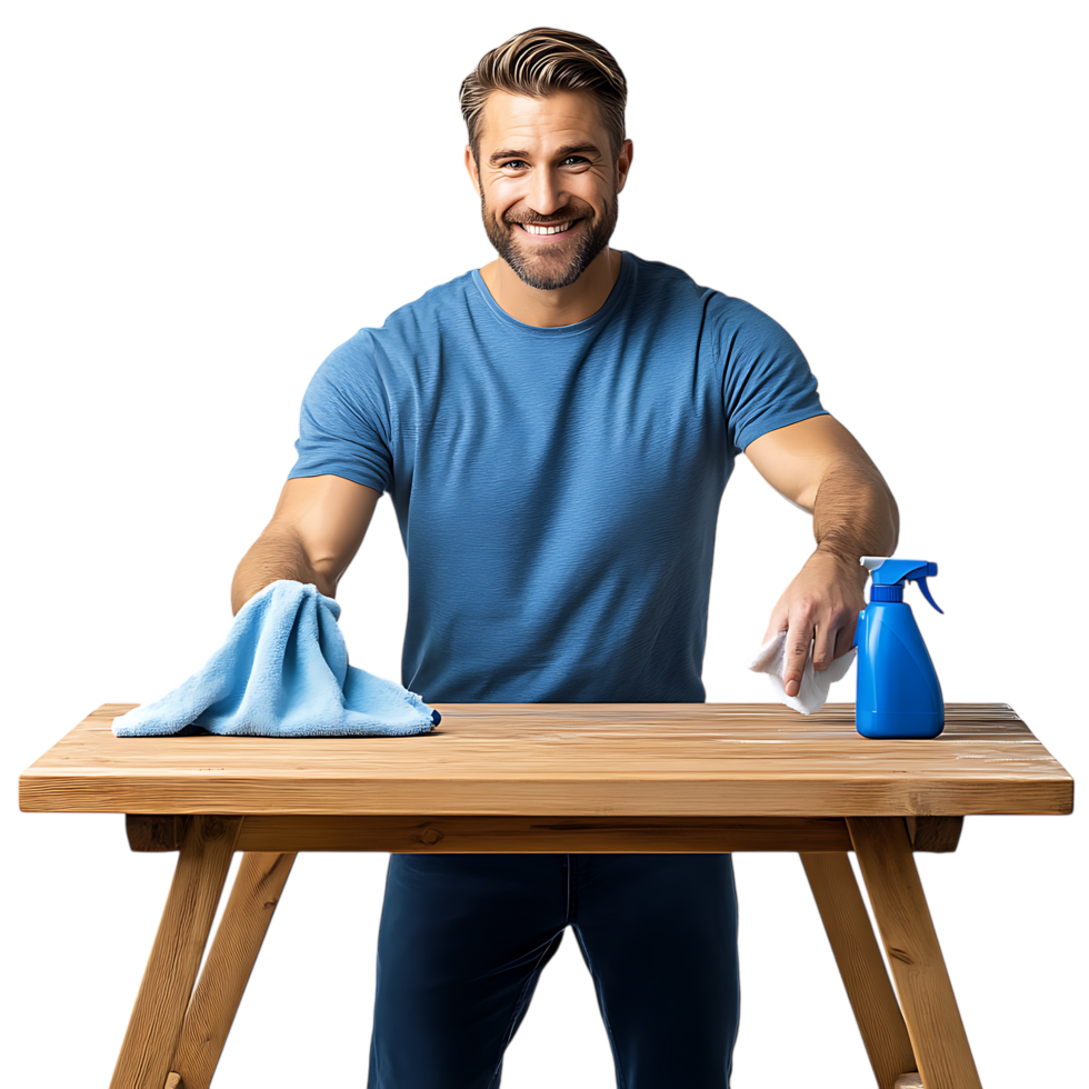 PNG Smiling Man Cleaning Wooden Table with Spray and Cloth Against Transparent Background