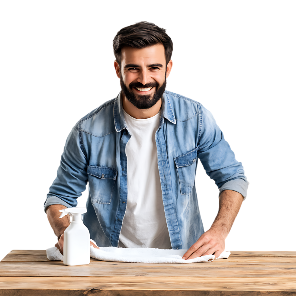 PNG Smiling Man Cleaning Wooden Table with Spray and Cloth Against Transparent Background