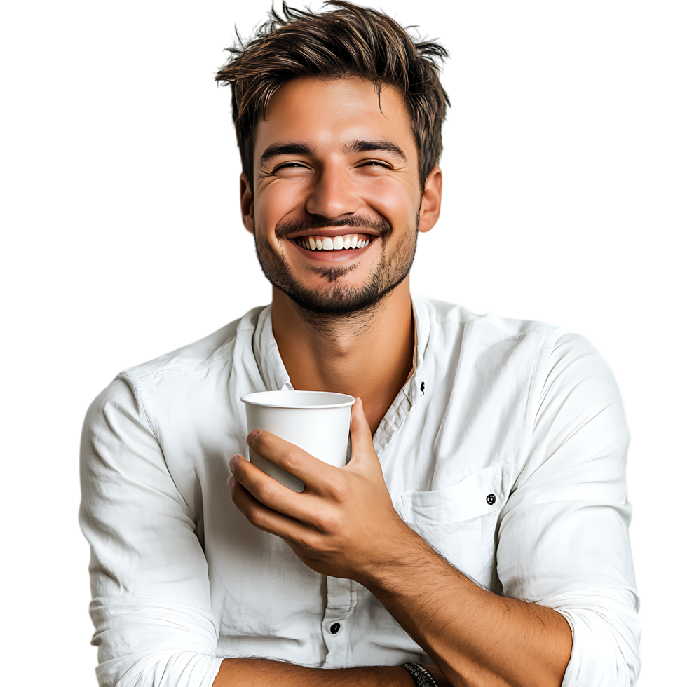 PNG Man Smiling While Holding a Coffee Cup Against Transparent Background