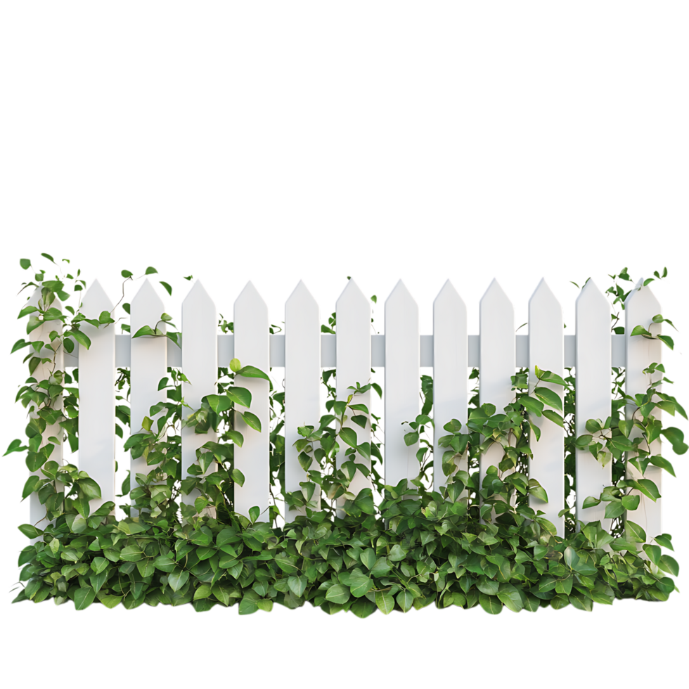 PNG White Picket Fence with Lush Greenery A Perfect Garden Scene Against Transparent Background for Landscaping, Home Decor, or Countryside-Themed Designs