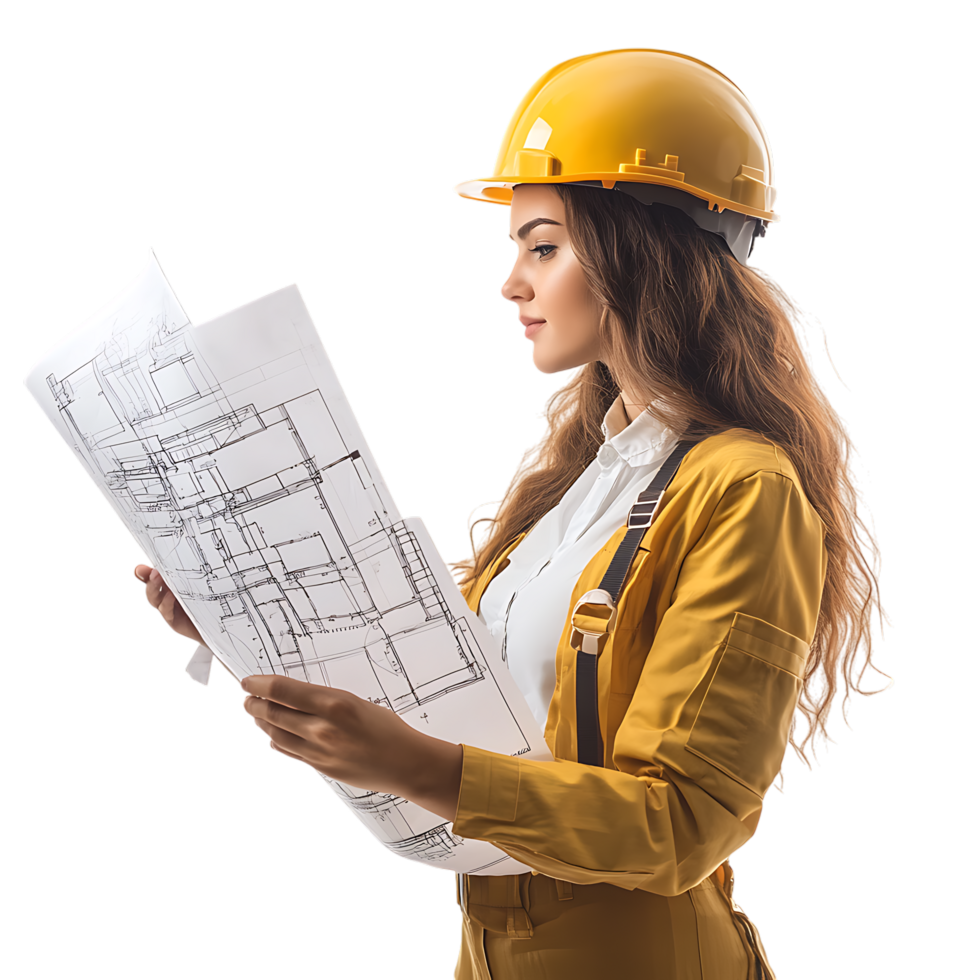 PNG Young Female Engineer Reviewing Blueprints with Focus Against Transparent Background for Architecture Branding, STEM Education, or Construction-Themed Graphics