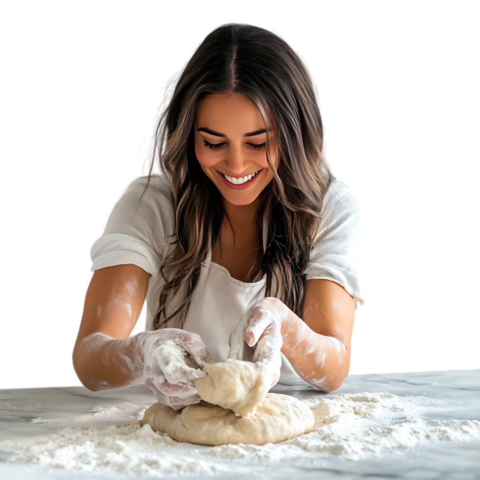 PNG Woman Kneading Dough on a Countertop with a Smile Against Transparent Background for Baking Promotions, Culinary Branding, or Kitchen-Themed Graphics