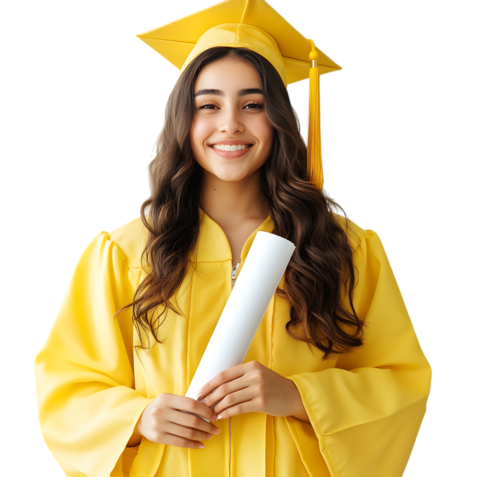 PNG Woman in a Yellow Graduation Gown Holding a White Diploma Against Transparent Background for Education-Themed Designs, Graduation Invitations, or Academic Branding