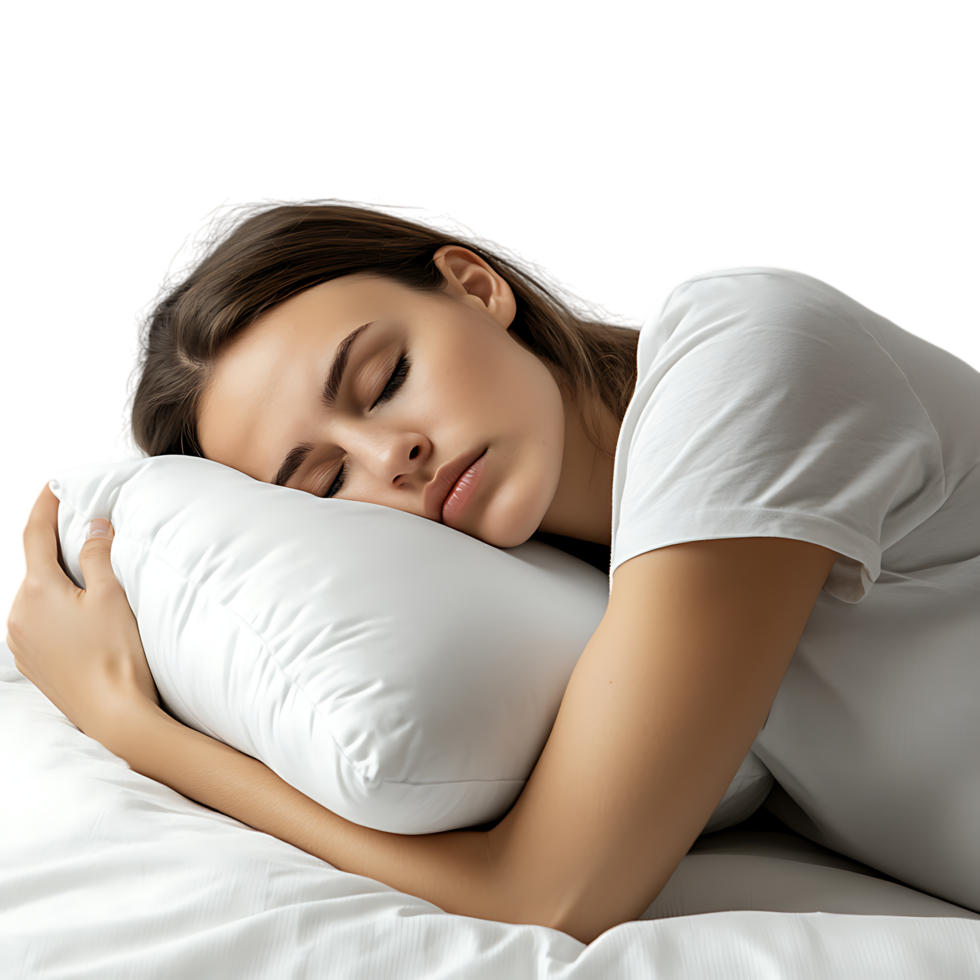 PNG Person Feeling Tired and Sleepy Resting on a Pillow Against Transparent Background