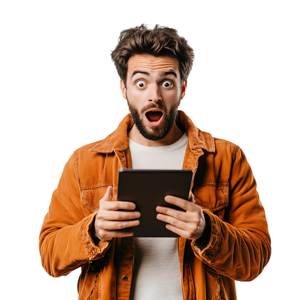 PNG Man Expressing Surprise While Holding a Digital Tablet Against Transparent Background