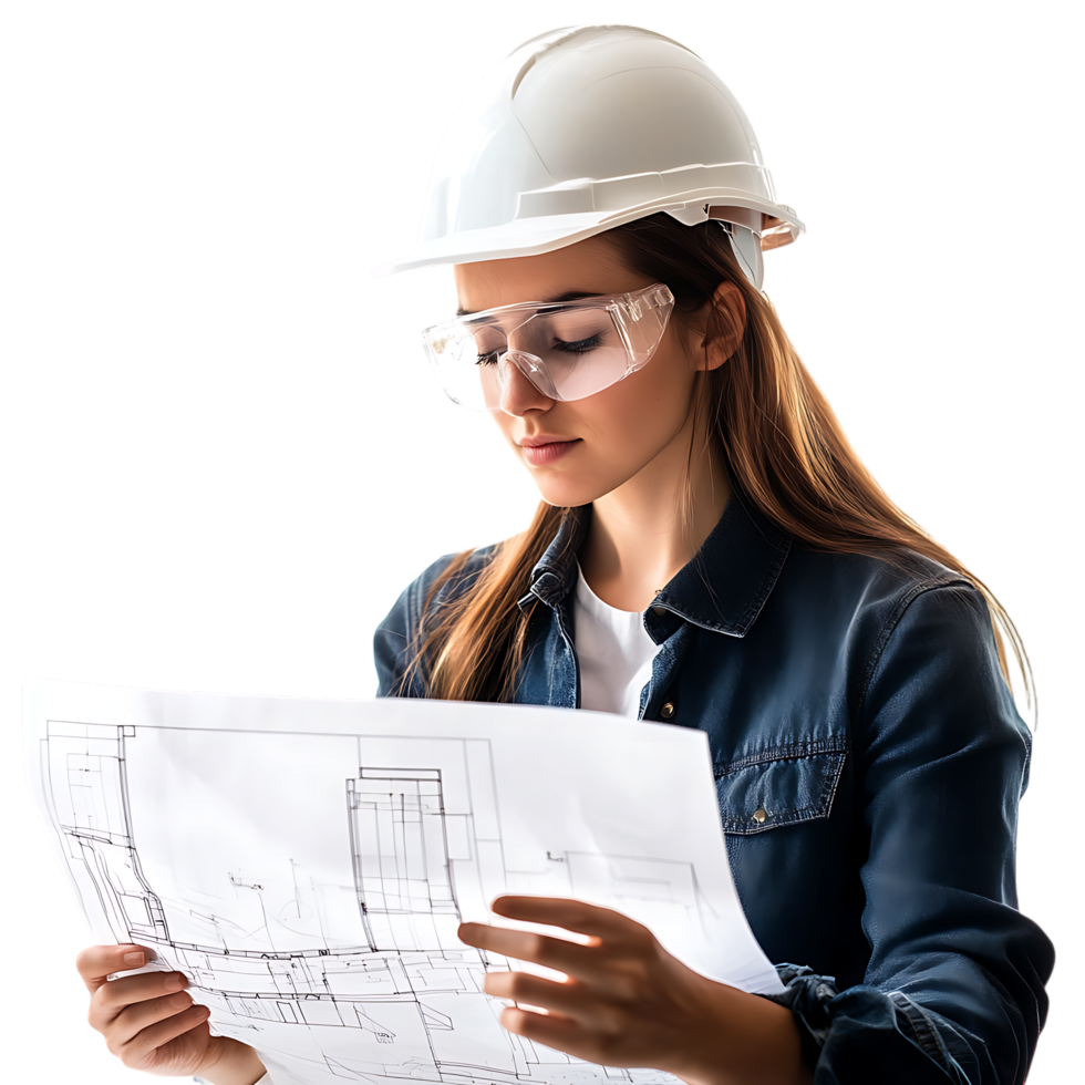 PNG Young Female Engineer Reviewing Blueprints with Focus Against Transparent Background for Architecture Branding, STEM Education, or Construction-Themed Graphics