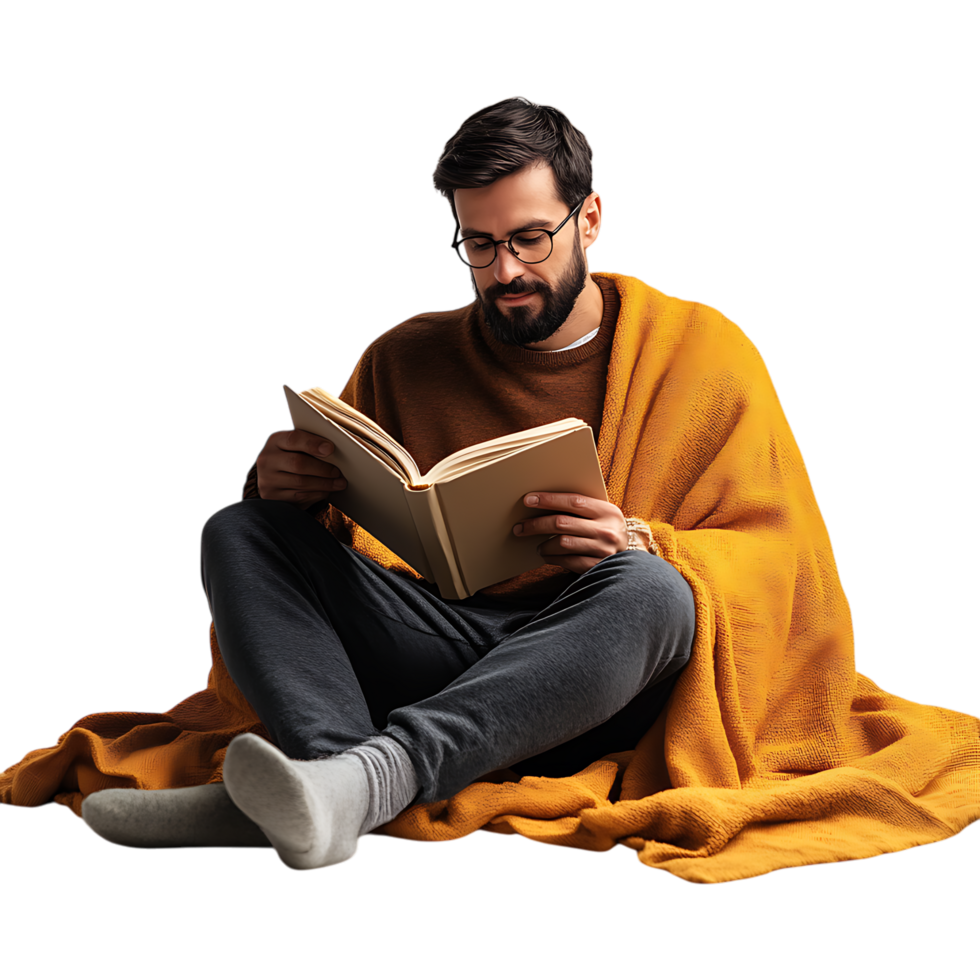 PNG Man Reading a Book with a Cozy Blanket and Cup of Coffee Against Transparent Background