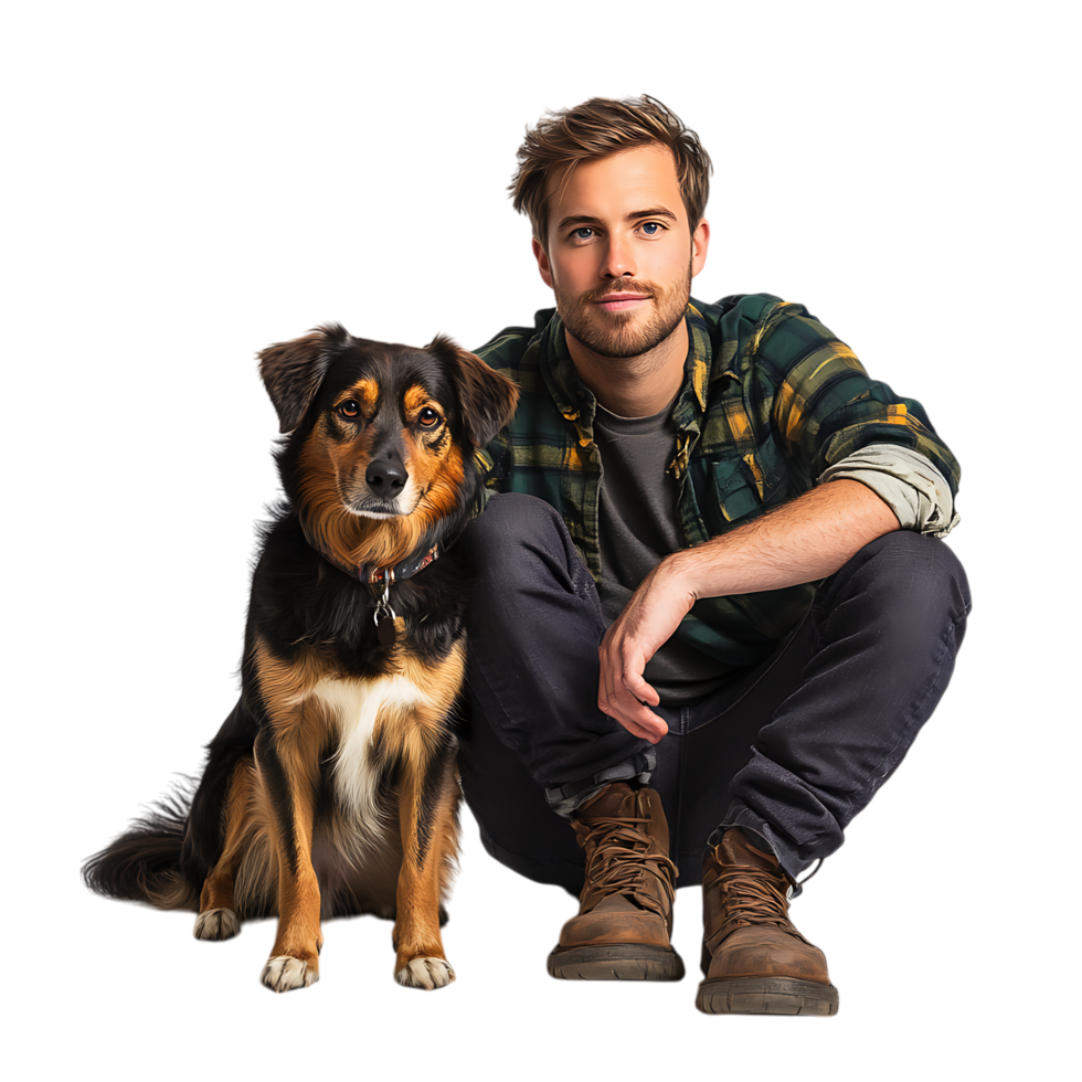 PNG Man and Dog Sitting Side by Side Looking at the Camera Against Transparent Background