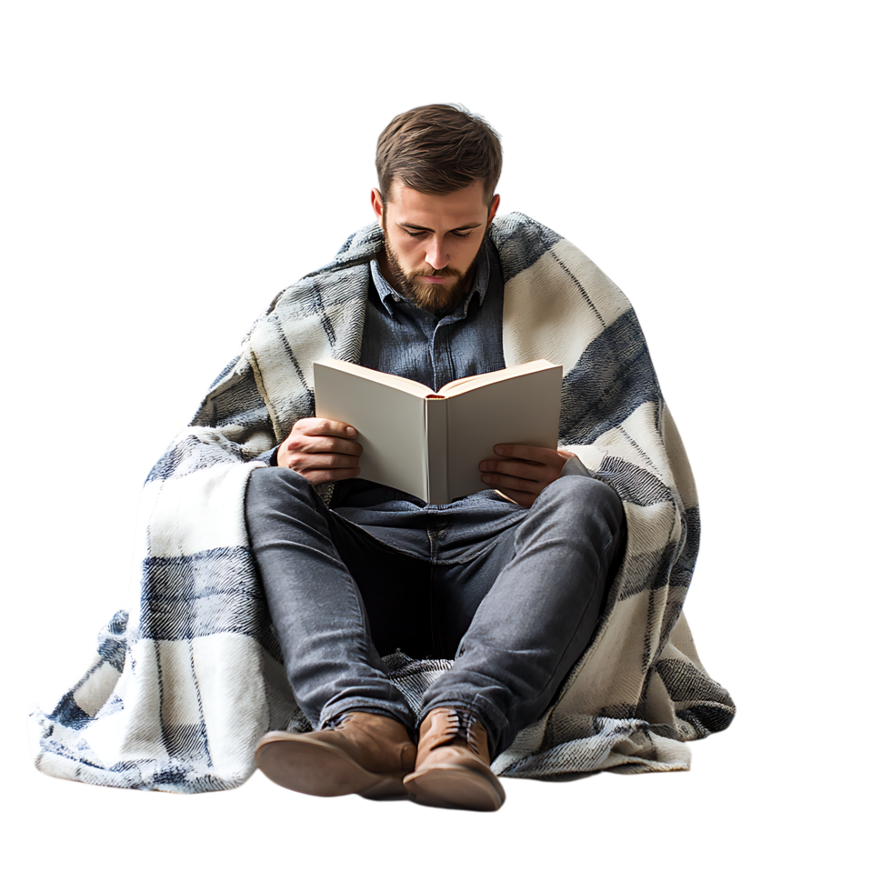 PNG Man Reading a Book with a Cozy Blanket and Cup of Coffee Against Transparent Background
