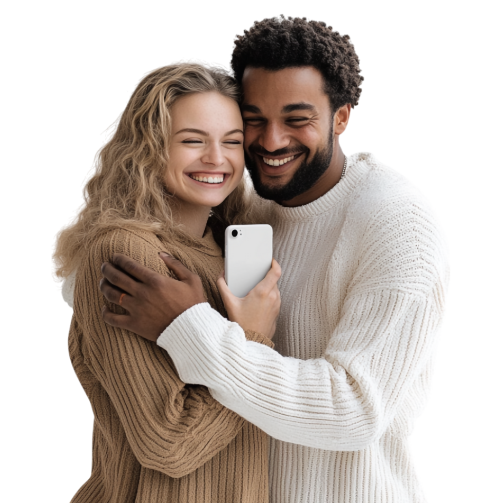 A couple hugging and smiling in front of a screen png